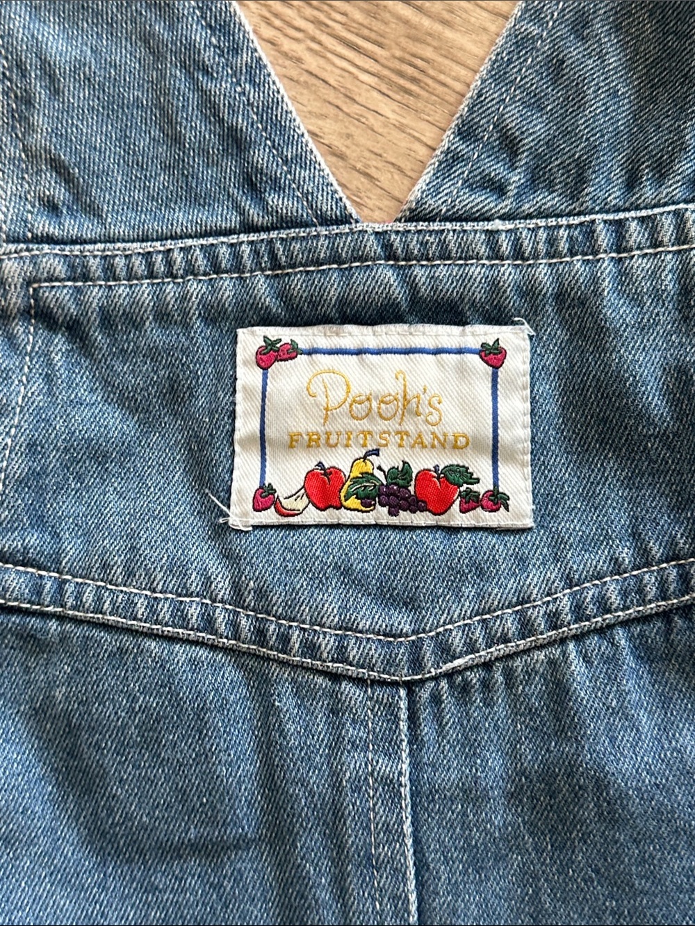 Vintage Disney Denim Overalls Shortalls w Winnie the Pooh Fruitstand Patchwork - Picture 6 of 6